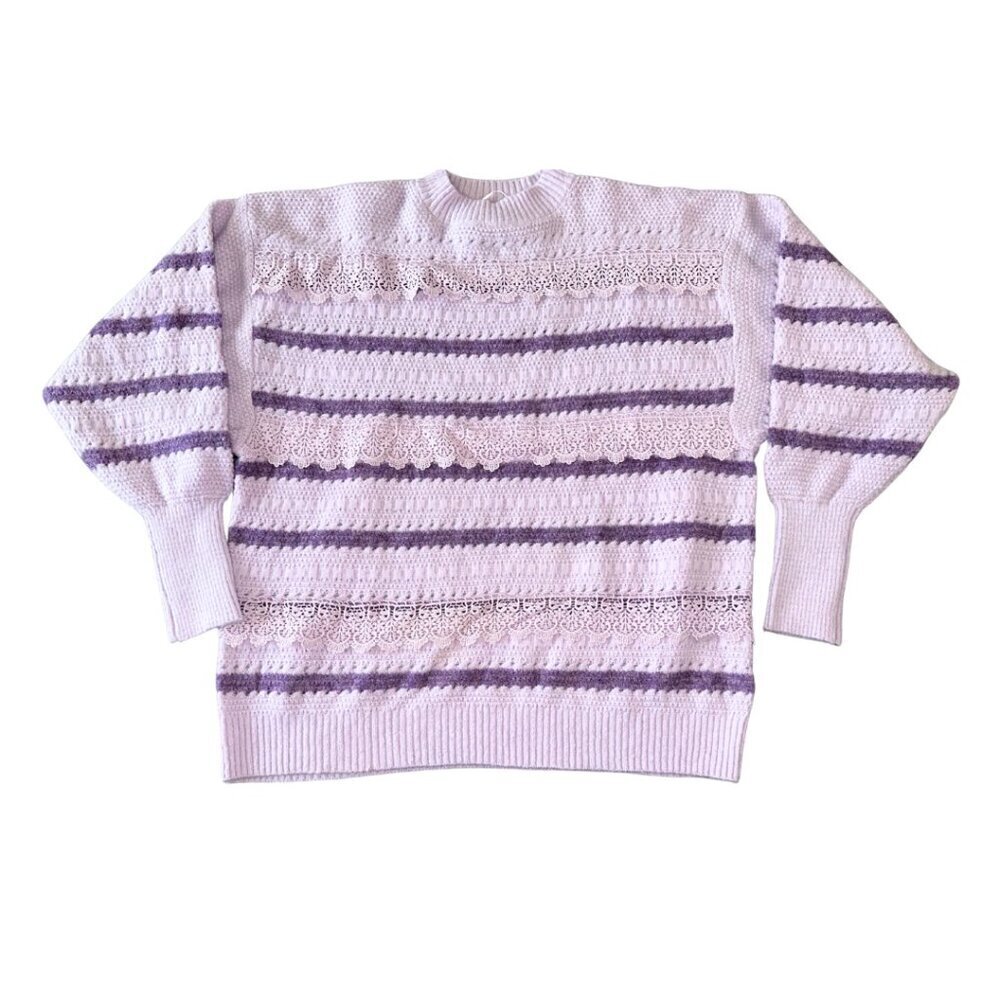 Purple Fringe Chunky Knit Lace Sweater Striped Ribbed Oversized - Picture 8 of 14
